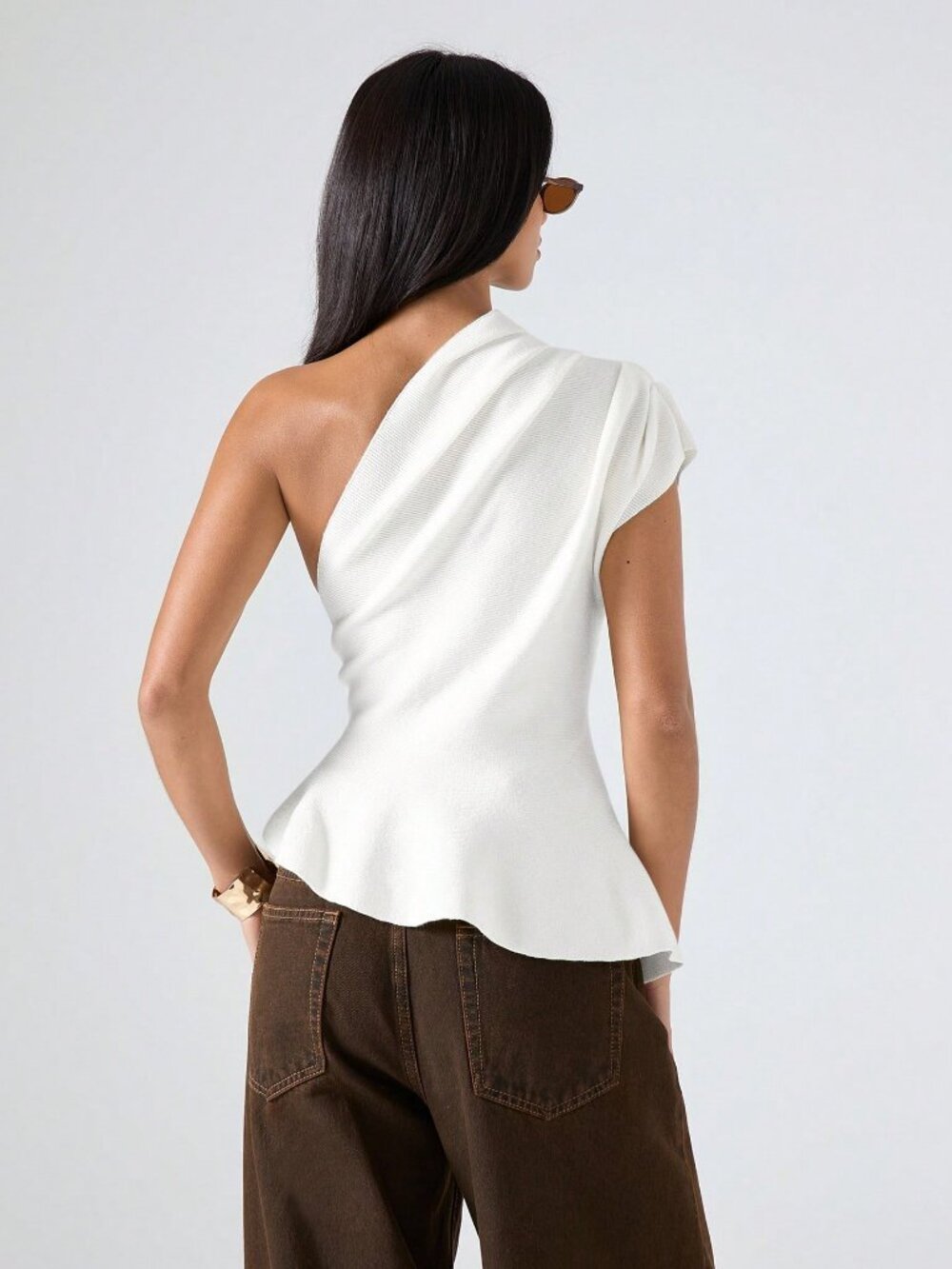 White Casual Women's Minimalist Asymmetric Neckline Pleated Elegant Knit Top - Picture 2 of 7